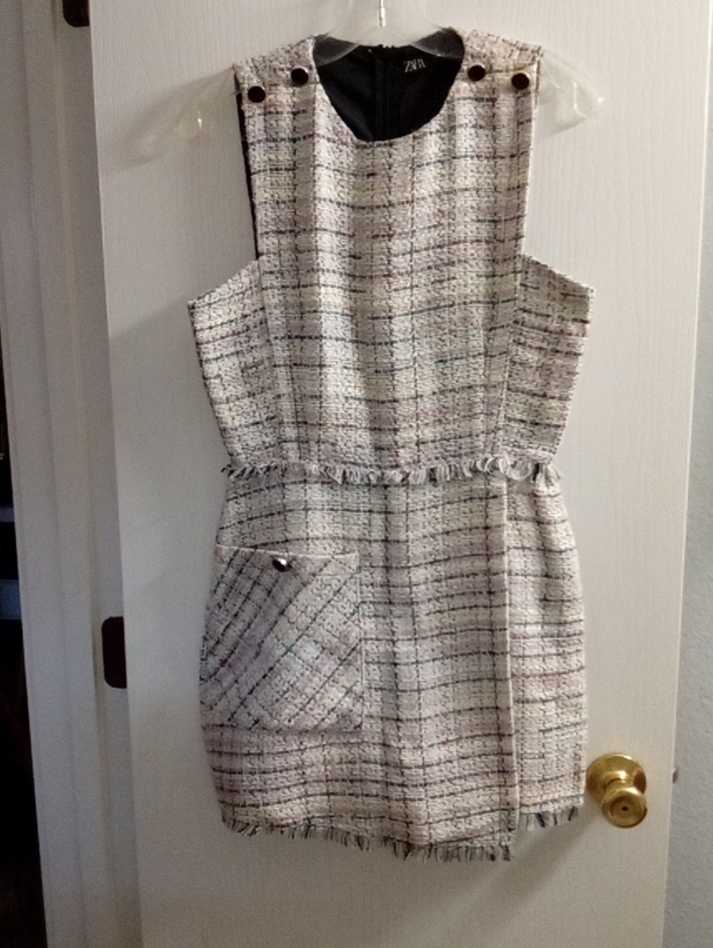 Zara Cream Tweed Sleeveless Shift Dress with Pocket Detail